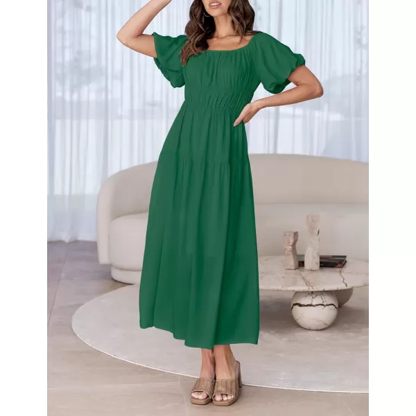 imageZESICA Womens 2024 Sexy Boho Off Shoulder Puff Short Sleeve High Waist Ruffled Flowy A Line Beach Party Midi DressDarkgreen