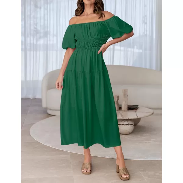 imageZESICA Womens 2024 Sexy Boho Off Shoulder Puff Short Sleeve High Waist Ruffled Flowy A Line Beach Party Midi DressDarkgreen