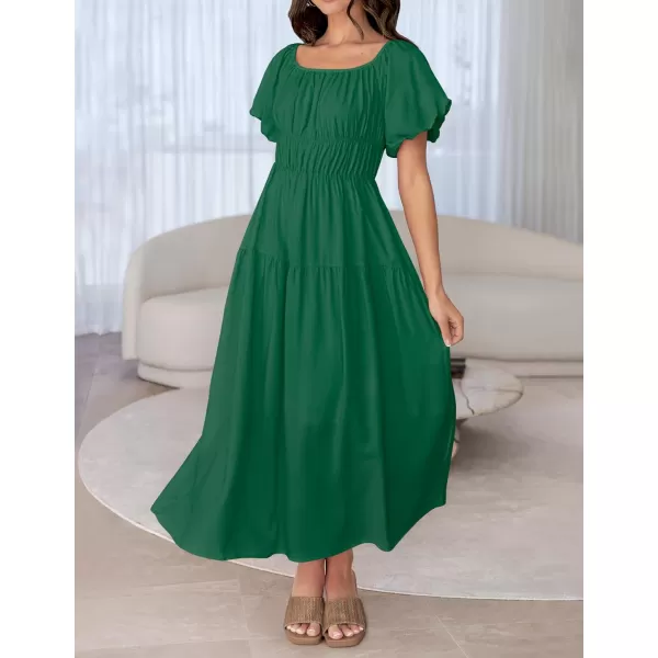imageZESICA Womens 2024 Sexy Boho Off Shoulder Puff Short Sleeve High Waist Ruffled Flowy A Line Beach Party Midi DressDarkgreen