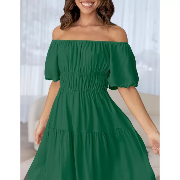 imageZESICA Womens 2024 Sexy Boho Off Shoulder Puff Short Sleeve High Waist Ruffled Flowy A Line Beach Party Midi DressDarkgreen