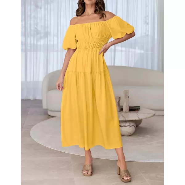 imageZESICA Womens 2024 Sexy Boho Off Shoulder Puff Short Sleeve High Waist Ruffled Flowy A Line Beach Party Midi DressGinger