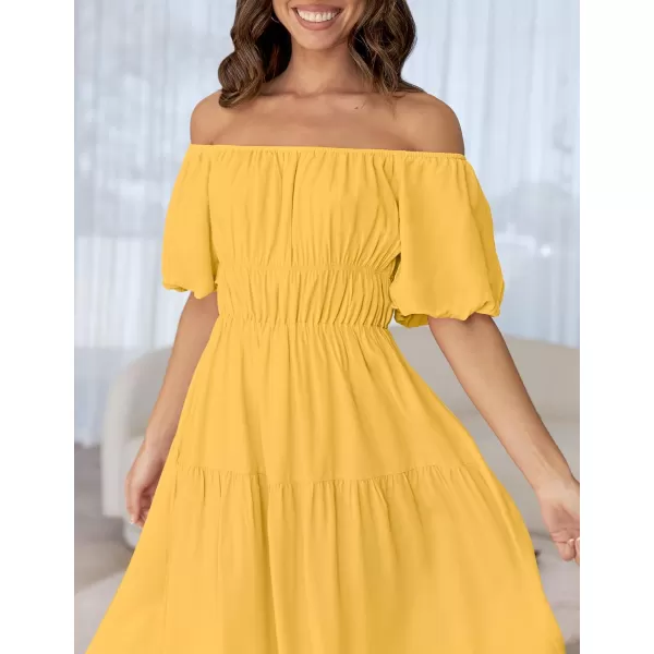 imageZESICA Womens 2024 Sexy Boho Off Shoulder Puff Short Sleeve High Waist Ruffled Flowy A Line Beach Party Midi DressGinger