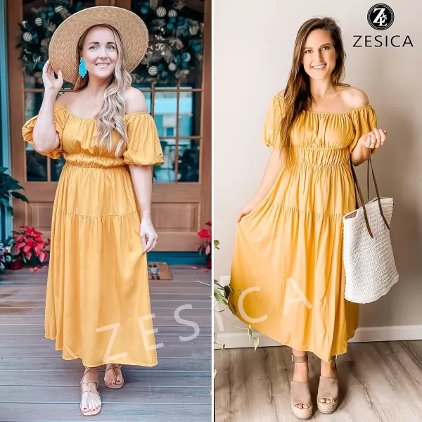 imageZESICA Womens 2024 Sexy Boho Off Shoulder Puff Short Sleeve High Waist Ruffled Flowy A Line Beach Party Midi DressGinger