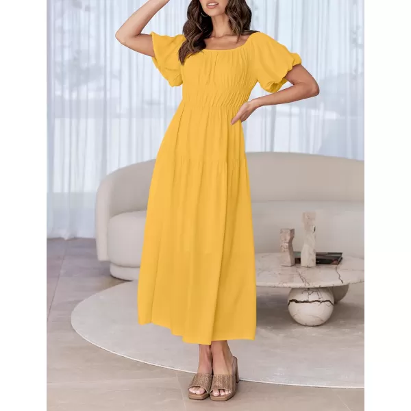 imageZESICA Womens 2024 Sexy Boho Off Shoulder Puff Short Sleeve High Waist Ruffled Flowy A Line Beach Party Midi DressGinger