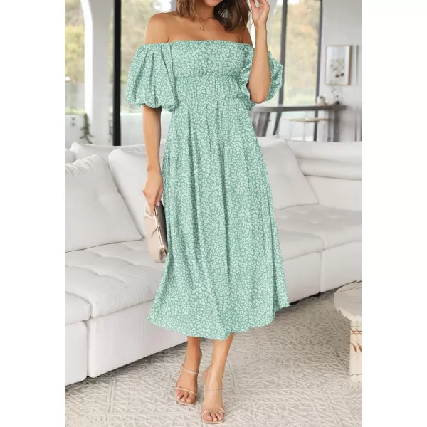 imageZESICA Womens 2024 Sexy Boho Off Shoulder Puff Short Sleeve High Waist Ruffled Flowy A Line Beach Party Midi DressGreen