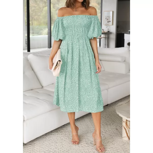 imageZESICA Womens 2024 Sexy Boho Off Shoulder Puff Short Sleeve High Waist Ruffled Flowy A Line Beach Party Midi DressGreen
