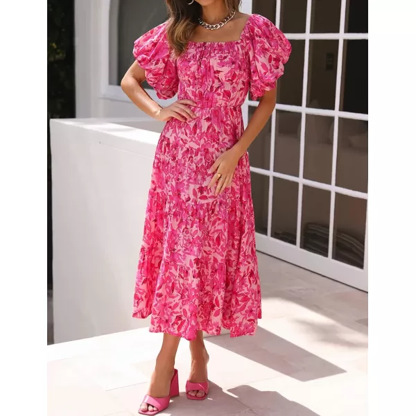 imageZESICA Womens 2024 Sexy Boho Off Shoulder Puff Short Sleeve High Waist Ruffled Flowy A Line Beach Party Midi DressHotpink