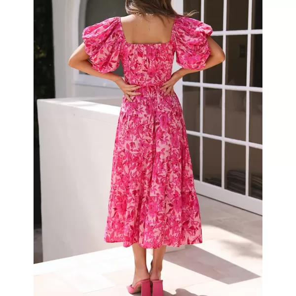 imageZESICA Womens 2024 Sexy Boho Off Shoulder Puff Short Sleeve High Waist Ruffled Flowy A Line Beach Party Midi DressHotpink