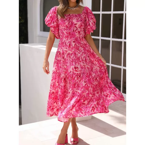 imageZESICA Womens 2024 Sexy Boho Off Shoulder Puff Short Sleeve High Waist Ruffled Flowy A Line Beach Party Midi DressHotpink