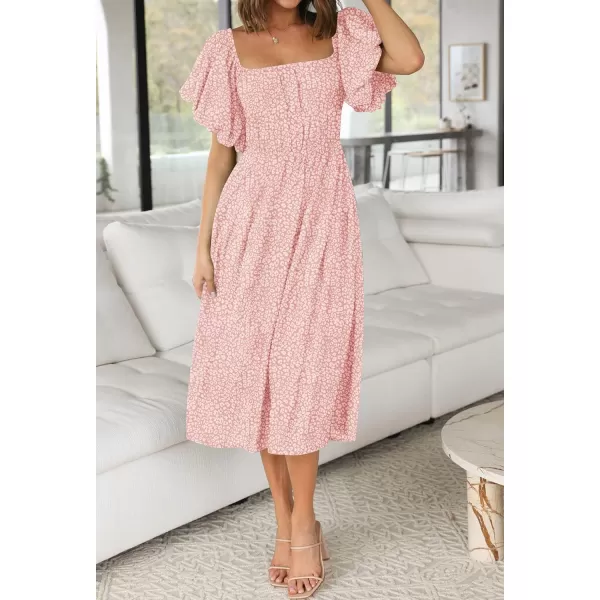 imageZESICA Womens 2024 Sexy Boho Off Shoulder Puff Short Sleeve High Waist Ruffled Flowy A Line Beach Party Midi DressLightpink