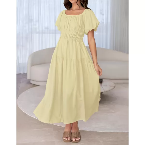 imageZESICA Womens 2024 Sexy Boho Off Shoulder Puff Short Sleeve High Waist Ruffled Flowy A Line Beach Party Midi DressLightyellow
