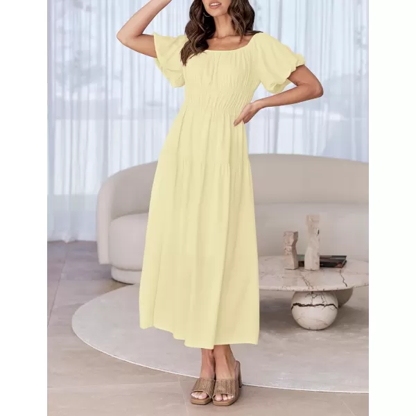 imageZESICA Womens 2024 Sexy Boho Off Shoulder Puff Short Sleeve High Waist Ruffled Flowy A Line Beach Party Midi DressLightyellow