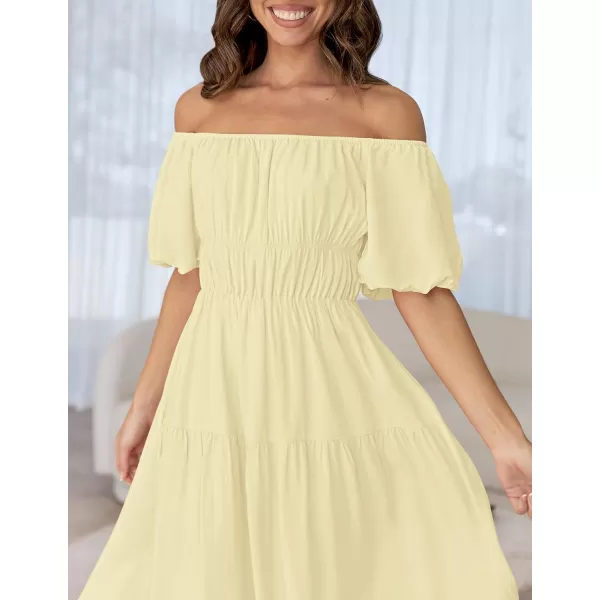 imageZESICA Womens 2024 Sexy Boho Off Shoulder Puff Short Sleeve High Waist Ruffled Flowy A Line Beach Party Midi DressLightyellow