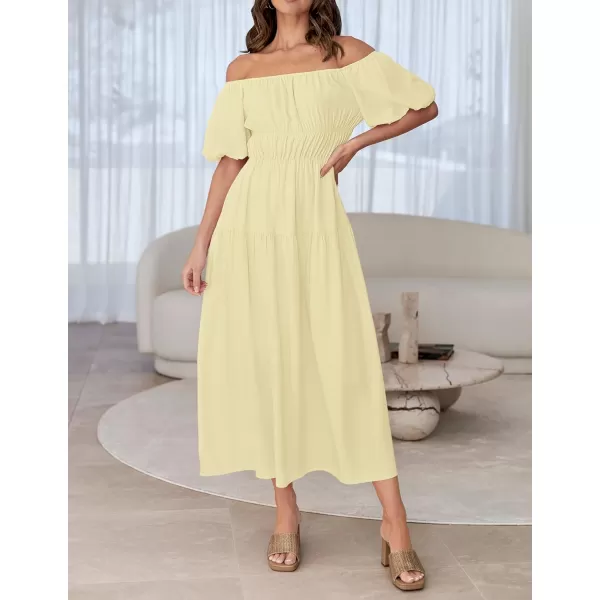 imageZESICA Womens 2024 Sexy Boho Off Shoulder Puff Short Sleeve High Waist Ruffled Flowy A Line Beach Party Midi DressLightyellow