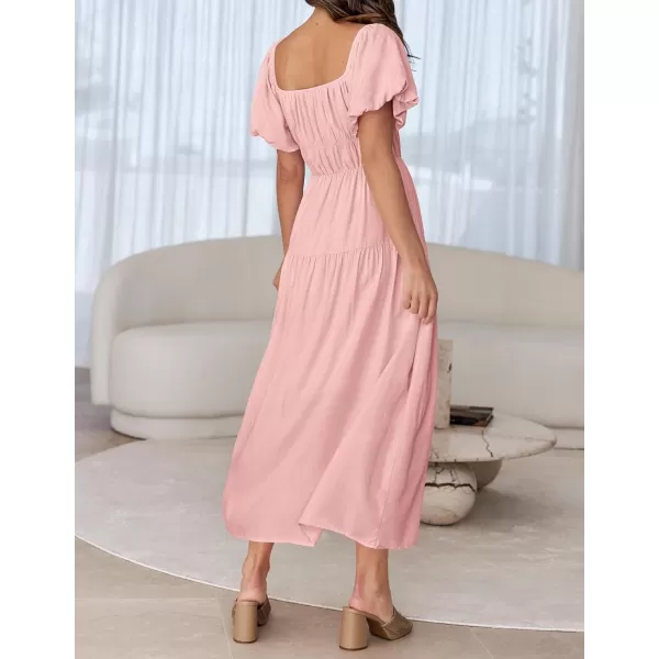 imageZESICA Womens 2024 Sexy Boho Off Shoulder Puff Short Sleeve High Waist Ruffled Flowy A Line Beach Party Midi DressPink