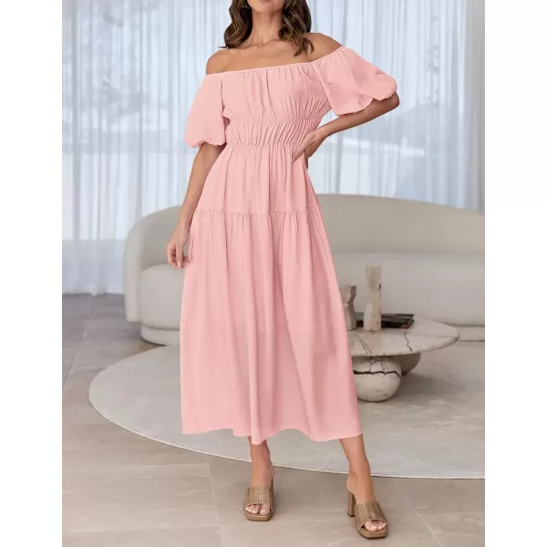 imageZESICA Womens 2024 Sexy Boho Off Shoulder Puff Short Sleeve High Waist Ruffled Flowy A Line Beach Party Midi DressPink