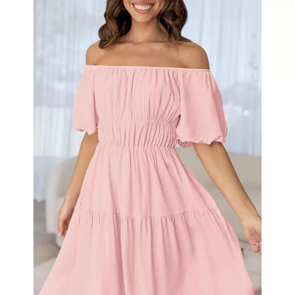 imageZESICA Womens 2024 Sexy Boho Off Shoulder Puff Short Sleeve High Waist Ruffled Flowy A Line Beach Party Midi DressPink