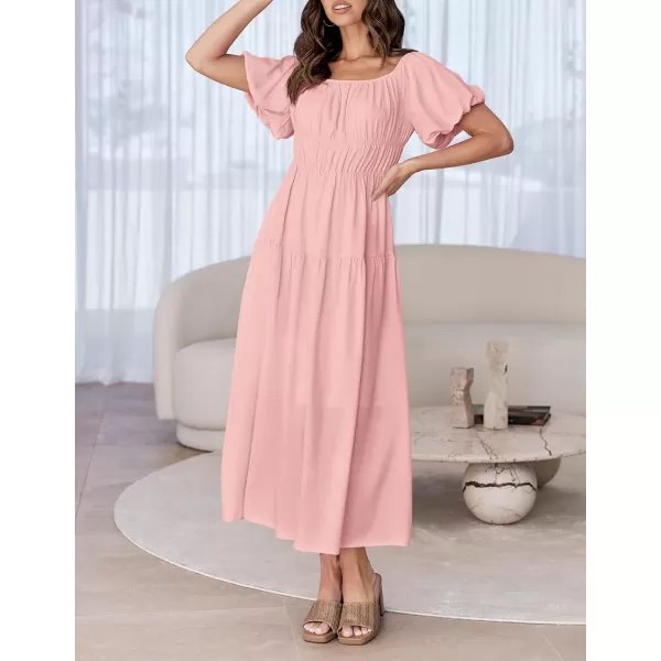 imageZESICA Womens 2024 Sexy Boho Off Shoulder Puff Short Sleeve High Waist Ruffled Flowy A Line Beach Party Midi DressPink