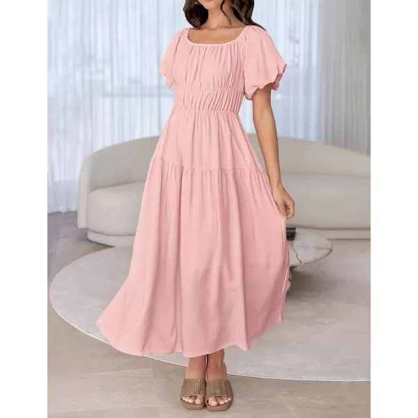 imageZESICA Womens 2024 Sexy Boho Off Shoulder Puff Short Sleeve High Waist Ruffled Flowy A Line Beach Party Midi DressPink