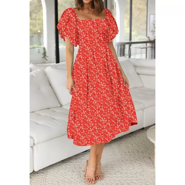 imageZESICA Womens 2024 Sexy Boho Off Shoulder Puff Short Sleeve High Waist Ruffled Flowy A Line Beach Party Midi DressRed