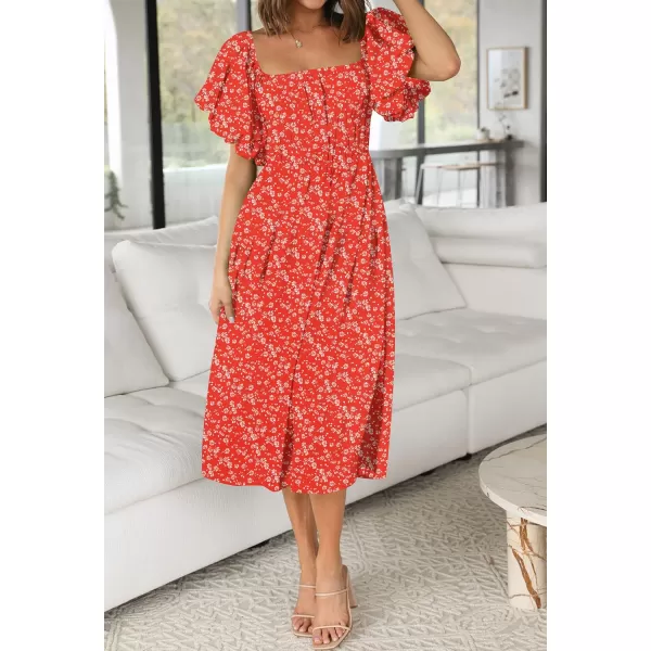 imageZESICA Womens 2024 Sexy Boho Off Shoulder Puff Short Sleeve High Waist Ruffled Flowy A Line Beach Party Midi DressRed