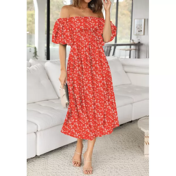 imageZESICA Womens 2024 Sexy Boho Off Shoulder Puff Short Sleeve High Waist Ruffled Flowy A Line Beach Party Midi DressRed
