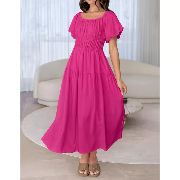 imageZESICA Womens 2024 Sexy Boho Off Shoulder Puff Short Sleeve High Waist Ruffled Flowy A Line Beach Party Midi DressRose