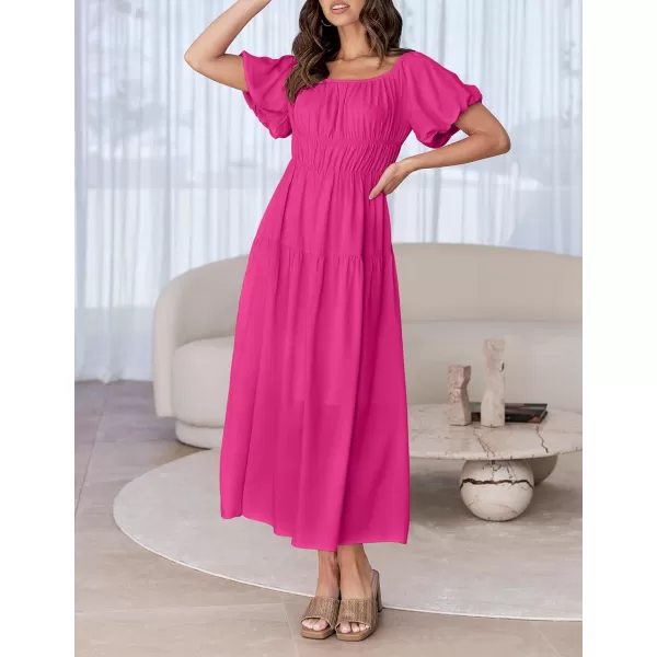 imageZESICA Womens 2024 Sexy Boho Off Shoulder Puff Short Sleeve High Waist Ruffled Flowy A Line Beach Party Midi DressRose