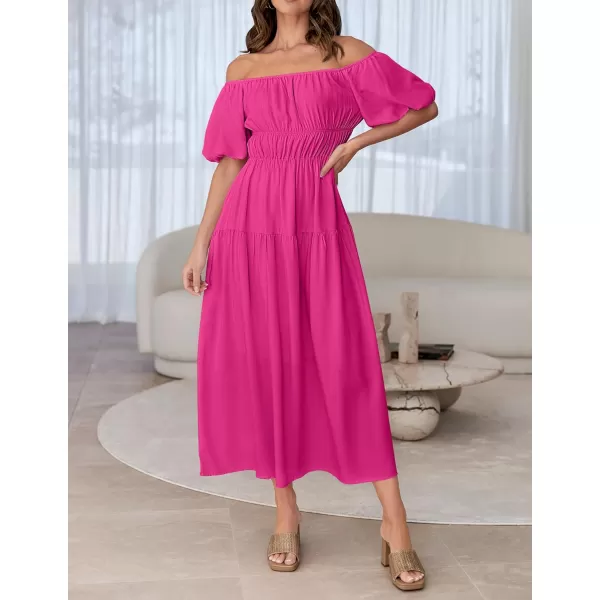 imageZESICA Womens 2024 Sexy Boho Off Shoulder Puff Short Sleeve High Waist Ruffled Flowy A Line Beach Party Midi DressRose