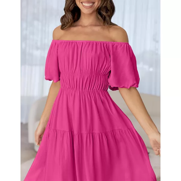 imageZESICA Womens 2024 Sexy Boho Off Shoulder Puff Short Sleeve High Waist Ruffled Flowy A Line Beach Party Midi DressRose
