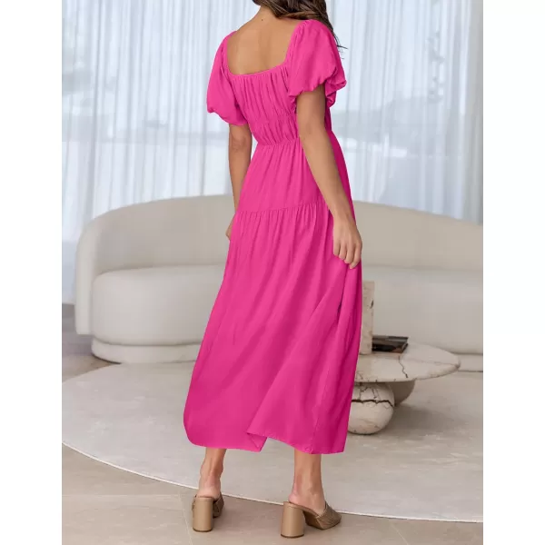 imageZESICA Womens 2024 Sexy Boho Off Shoulder Puff Short Sleeve High Waist Ruffled Flowy A Line Beach Party Midi DressRose
