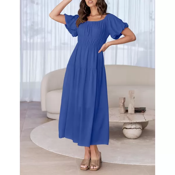 imageZESICA Womens 2024 Sexy Boho Off Shoulder Puff Short Sleeve High Waist Ruffled Flowy A Line Beach Party Midi DressRoyalblue