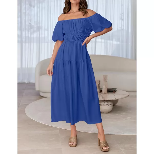imageZESICA Womens 2024 Sexy Boho Off Shoulder Puff Short Sleeve High Waist Ruffled Flowy A Line Beach Party Midi DressRoyalblue