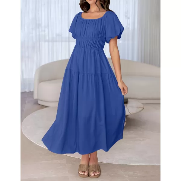 imageZESICA Womens 2024 Sexy Boho Off Shoulder Puff Short Sleeve High Waist Ruffled Flowy A Line Beach Party Midi DressRoyalblue