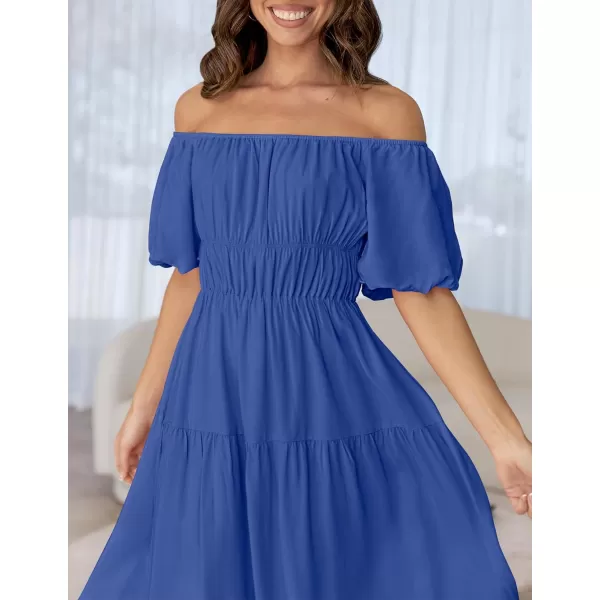 imageZESICA Womens 2024 Sexy Boho Off Shoulder Puff Short Sleeve High Waist Ruffled Flowy A Line Beach Party Midi DressRoyalblue