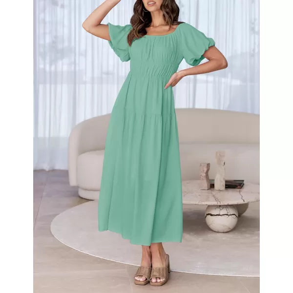 imageZESICA Womens 2024 Sexy Boho Off Shoulder Puff Short Sleeve High Waist Ruffled Flowy A Line Beach Party Midi DressSage