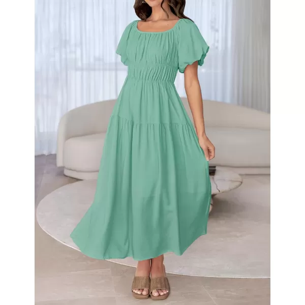 imageZESICA Womens 2024 Sexy Boho Off Shoulder Puff Short Sleeve High Waist Ruffled Flowy A Line Beach Party Midi DressSage