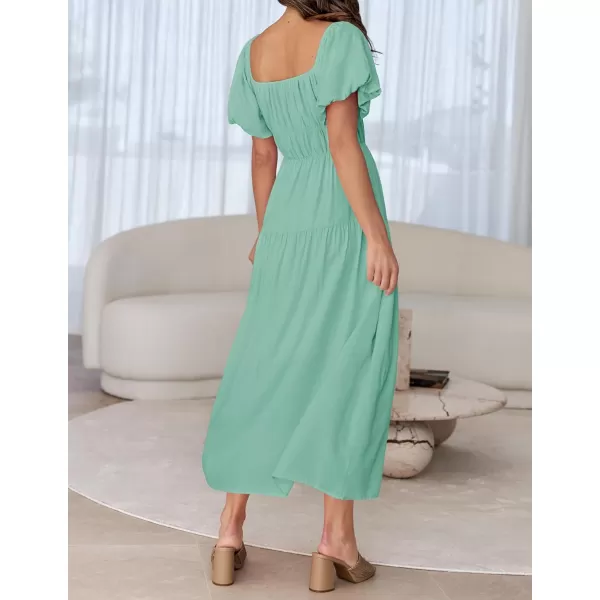 imageZESICA Womens 2024 Sexy Boho Off Shoulder Puff Short Sleeve High Waist Ruffled Flowy A Line Beach Party Midi DressSage
