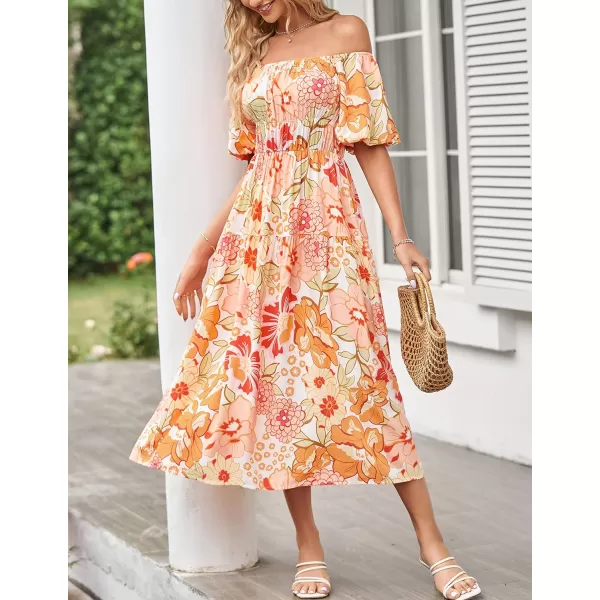 imageZESICA Womens 2024 Sexy Boho Off Shoulder Puff Short Sleeve High Waist Ruffled Flowy A Line Beach Party Midi DressTangerine