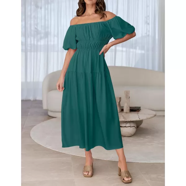 imageZESICA Womens 2024 Sexy Boho Off Shoulder Puff Short Sleeve High Waist Ruffled Flowy A Line Beach Party Midi DressTeal