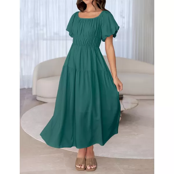 imageZESICA Womens 2024 Sexy Boho Off Shoulder Puff Short Sleeve High Waist Ruffled Flowy A Line Beach Party Midi DressTeal