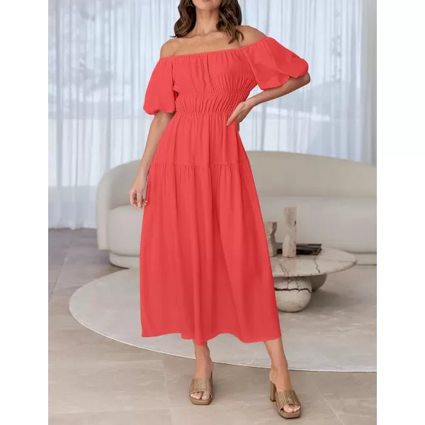 imageZESICA Womens 2024 Sexy Boho Off Shoulder Puff Short Sleeve High Waist Ruffled Flowy A Line Beach Party Midi DressWatermelon