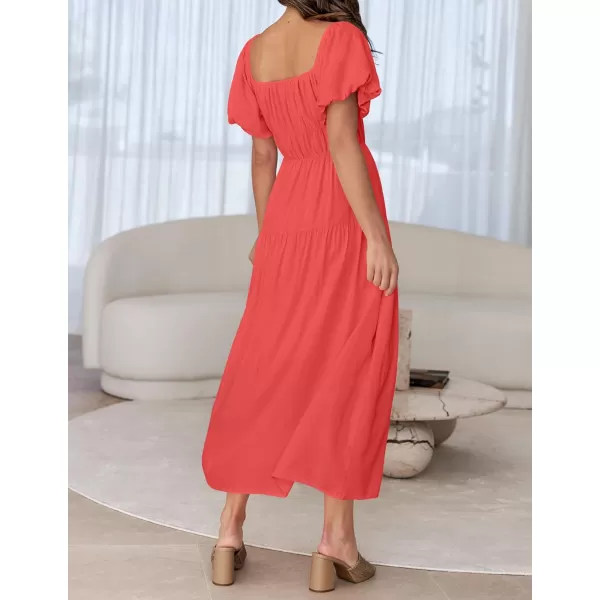 imageZESICA Womens 2024 Sexy Boho Off Shoulder Puff Short Sleeve High Waist Ruffled Flowy A Line Beach Party Midi DressWatermelon
