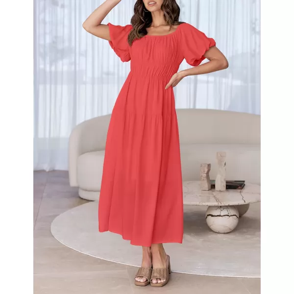 imageZESICA Womens 2024 Sexy Boho Off Shoulder Puff Short Sleeve High Waist Ruffled Flowy A Line Beach Party Midi DressWatermelon