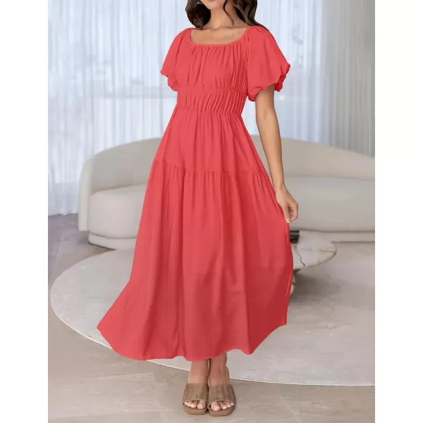 imageZESICA Womens 2024 Sexy Boho Off Shoulder Puff Short Sleeve High Waist Ruffled Flowy A Line Beach Party Midi DressWatermelon