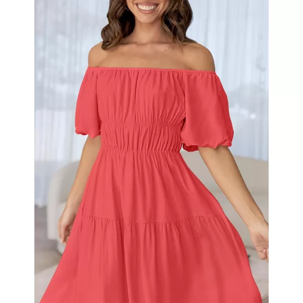imageZESICA Womens 2024 Sexy Boho Off Shoulder Puff Short Sleeve High Waist Ruffled Flowy A Line Beach Party Midi DressWatermelon