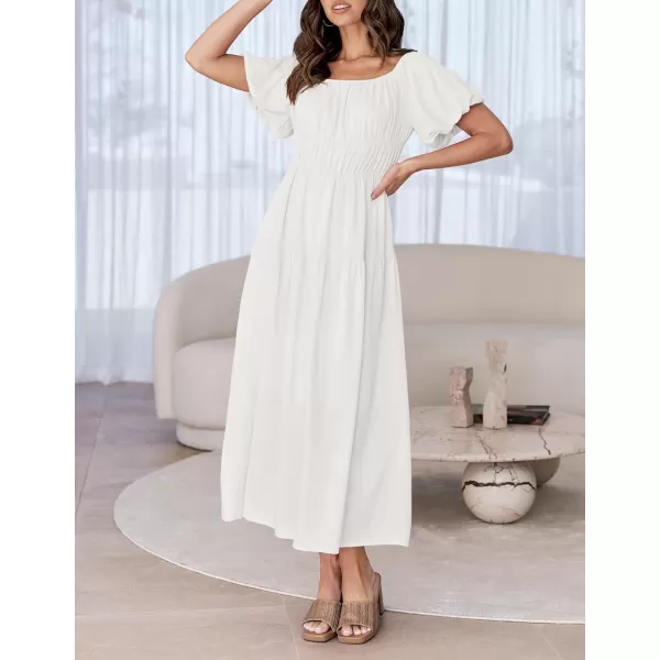 imageZESICA Womens 2024 Sexy Boho Off Shoulder Puff Short Sleeve High Waist Ruffled Flowy A Line Beach Party Midi DressWhite