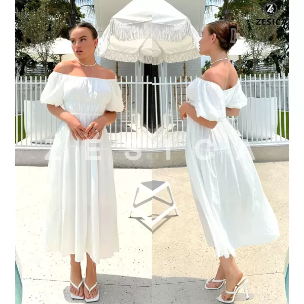 imageZESICA Womens 2024 Sexy Boho Off Shoulder Puff Short Sleeve High Waist Ruffled Flowy A Line Beach Party Midi DressWhite