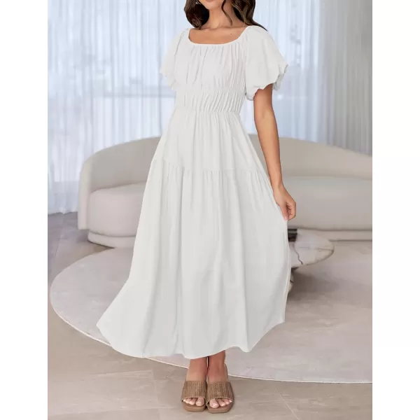 imageZESICA Womens 2024 Sexy Boho Off Shoulder Puff Short Sleeve High Waist Ruffled Flowy A Line Beach Party Midi DressWhite