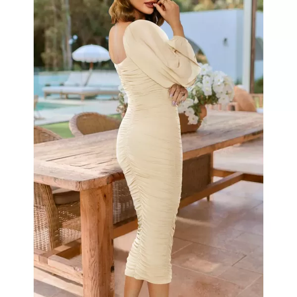imageZESICA Womens 2024 Sexy Ruched Bodycon Midi Dress Long Puff Sleeve Square Neck Backless Cocktail Party Wedding DressesApricot